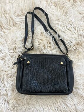 Milo: Shiela Black Woven Leather Crossbody Bag with Gold Accents
